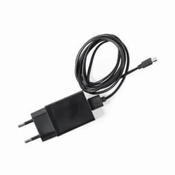 A black USB charger with a cable attached, featuring two prongs for plugging into a power outlet.
