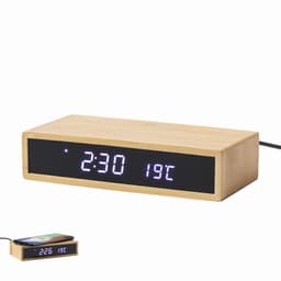 A bamboo clock with a digital display showing time and temperature. It features a sleek, modern design and includes a logo.