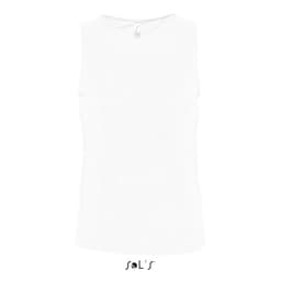A plain white men's singlet/tank top featuring a logo on the back.