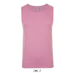 A pink men's singlet tank top with a tag and a logo at the bottom.