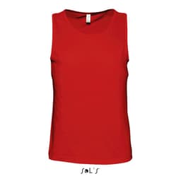 A red men's singlet or tank top with a simple design and a logo at the bottom.