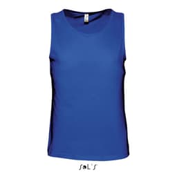 A blue men's singlet tank top with a logo. Simple design, sleeveless, and made from a smooth fabric.
