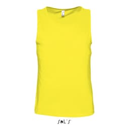A bright yellow men's tank top featuring a simple design and a label logo.