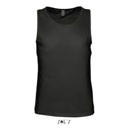 A men's tank top in black with a round neckline, featuring a branding logo at the bottom.