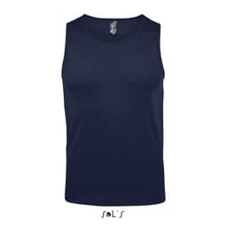 A navy blue men's tank top with a plain design and a logo on the label.