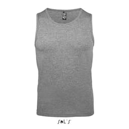 A grey men's singlet/tank top with a logo at the neckline.