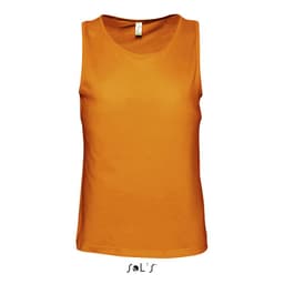 An orange men's tank top with a rounded neckline and a logo at the label. Simple and versatile design.