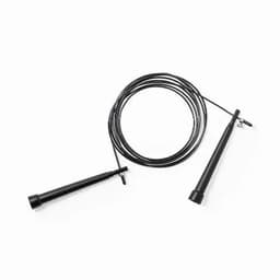A jump rope with textured black handles and a long, flexible black cable. It features a logo on the handles.