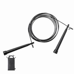 A jump rope with black handles and a coiled black cable, accompanied by a small black carrying bag.