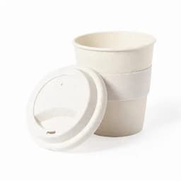 A reusable coffee cup in a light beige hue, featuring a lid and stacked design. It includes a logo.