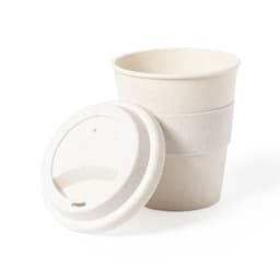 A stack of three biodegradable cups in creamy white, with a matching lid and a silicone band.