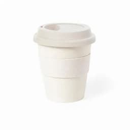 A drink cup in white with a matching lid and a textured band, featuring a logo. Ideal for hot or cold beverages.