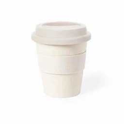 A drink cup in a light beige colour, featuring a removable lid and a textured band, with a logo on the side.
