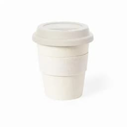 A plastic cup with a light beige colour and a matching lid, featuring a textured band for grip.