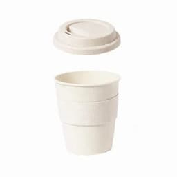 A stack of three white plastic cups with a matching lid. The cups have a textured band around the centre.