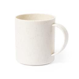 A drink bottle in a speckled off-white colour with a simple handle and a smooth surface. It features a logo.