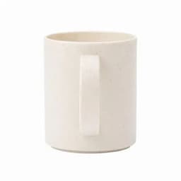 A drink bottle in a simple, off-white design with a handle and a speckled texture. It features a logo.