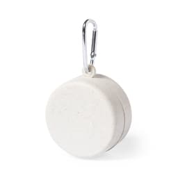 A round, off-white product with a carabiner clip, featuring a smooth surface and a subtle speckled texture.