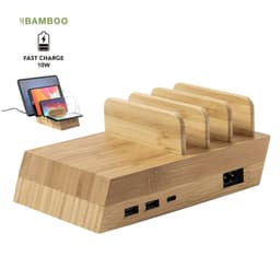 A bamboo charging dock with four slots for devices, featuring multiple USB ports and a fast charging capability.