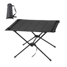 A portable camping table in black with a detachable carrying bag, featuring a lightweight, foldable design.