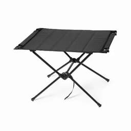A portable camping table in black, featuring a foldable design with sturdy legs for stability.
