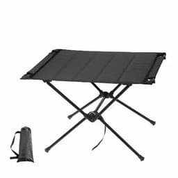 A portable black folding table with a compact carrying bag, designed for easy storage and transport.