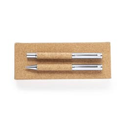 A set of two pens with cork grips and chrome accents, presented on a textured cork base.