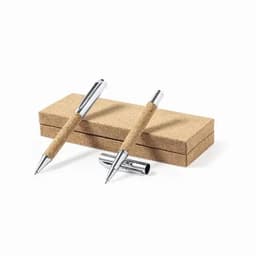 A pen set with cork barrels and chrome accents, displayed on a cork box.