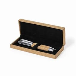 A pen set featuring a cork barrel and chrome accents, presented in a black-lined gift box.