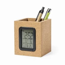 A square cork desk organiser with a digital clock display and two pens inside, featuring a logo on the front.