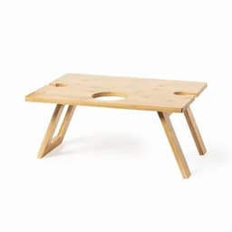 A wooden lap tray with a natural finish, featuring two circular cutouts and angular legs for support.