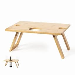 A wooden serving tray table with two circular cut-outs, featuring a light bamboo finish and angled wooden legs.