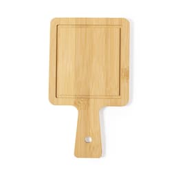 A bamboo chopping board with a rectangular shape and handle, featuring a smooth surface and natural wood grain.