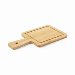 A wooden chopping board with a handle and a rectangular shape, featuring a smooth, natural finish.