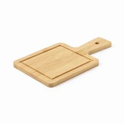 A wooden chopping board with a rectangular shape and a handle, featuring a smooth finish and a hanging hole.