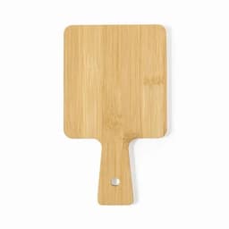 A bamboo chopping board with a rectangular shape and a handle, featuring a circular hole for hanging.