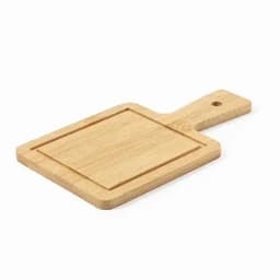 A wooden chopping board with a rectangular shape and a handle, featuring a smooth surface and a hole for hanging.
