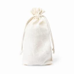 A drawstring pouch in a light cream colour with a textured finish and a cinched top.