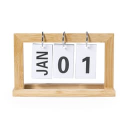 A desk calendar featuring a wooden frame, displaying January and the date as 01 in black on white cards.