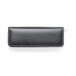 A black pencil case with a smooth finish and white stitching along the edges. It features a zip closure.