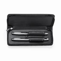 A black pen case containing two silver pens, with decorative stitching along the edges.