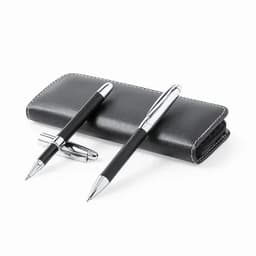A black leather pen case with two pens; one is a ballpoint and the other a rollerball, both with silver accents.