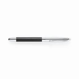 A pen with a sleek silver body and a textured black grip, featuring a clip for attachment.