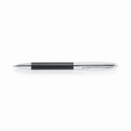 A black pen with a silver barrel and clip, featuring a textured grip for comfort.