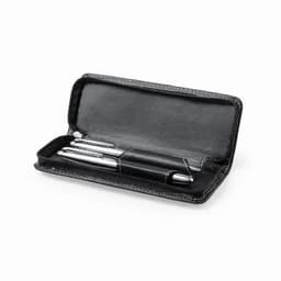 A pen set in a black zippered case, featuring three silver pens with varying designs.