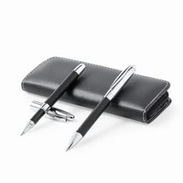 A black leather pen case with two pens, one sleek silver and one with a black grip, neatly arranged.
