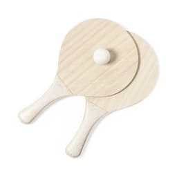 A pair of wooden paddle bat games with a white ball, featuring light wood finishes and textured handles.