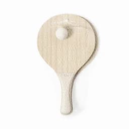 A wooden paddle with a small white ball on it, featuring a smooth texture and rounded shape.