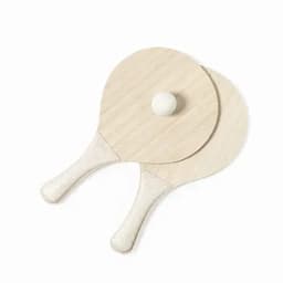 A wooden bat and ball set in light wood tones, featuring two paddles and a central ball.