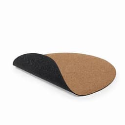A cork mouse pad with a black fabric underside, featuring a rounded shape and a textured cork surface.